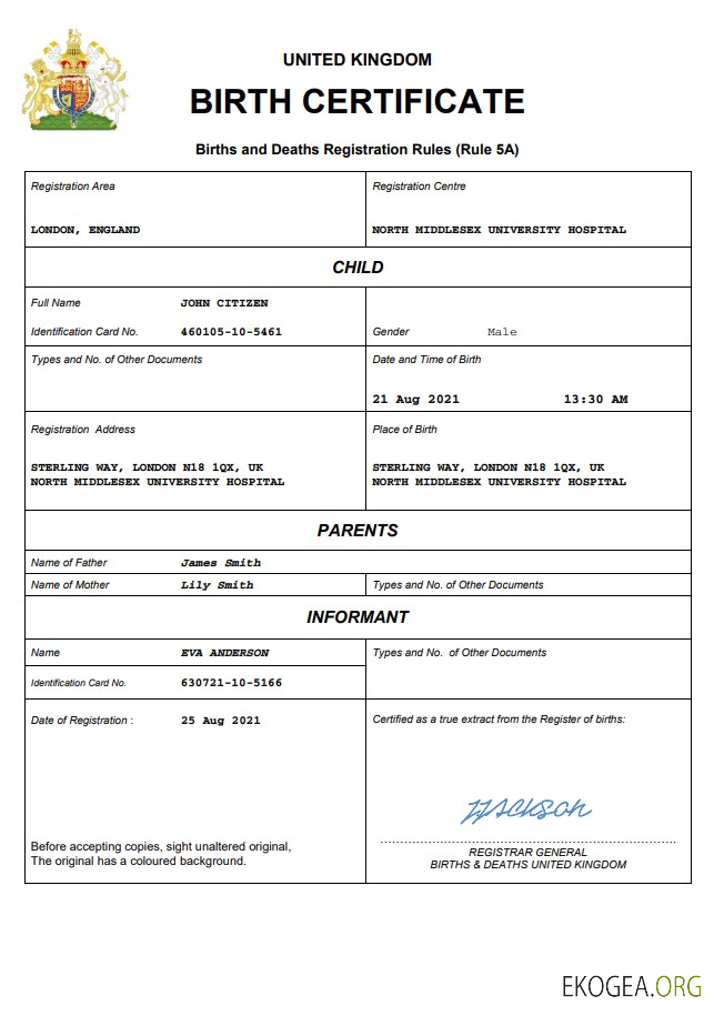 Modèle Word et PDF d'acte de naissance d'acte d'état civil du Royaume Uni